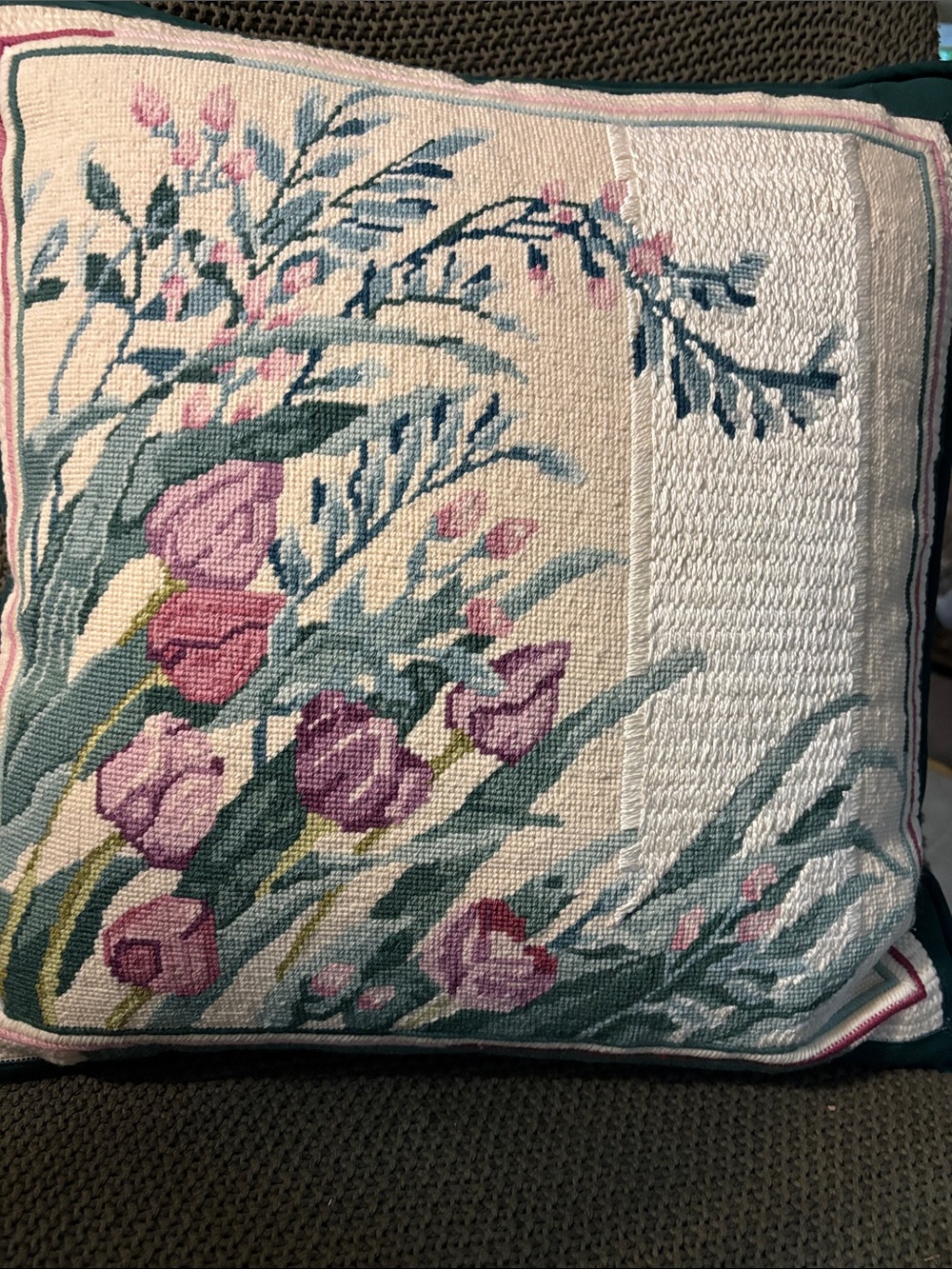 Vintage Elsa Williams Windswept Needlepoint Pillow Finished Floral Botanical 18’